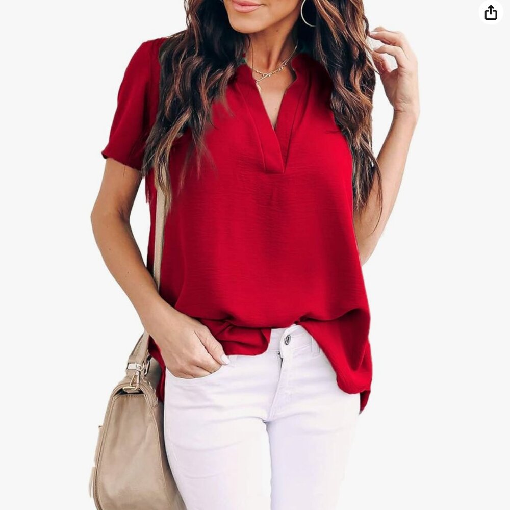 Women Summer Casual V Neckline Chiffon Blouses Loose Tunic Short Sleeve Top